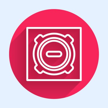 Beyaz çizgi kanalizasyon kapağı ikonu uzun gölgeli izole edilmiş. Kırmızı daire düğmesi. Vektör İllüstrasyonu