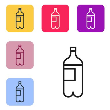 Beyaz arka planda izole edilmiş siyah çizgi su ikonu. Soda su içme tabelası. Renkli kare düğmelerle simgeleri ayarla. Vektör İllüstrasyonu