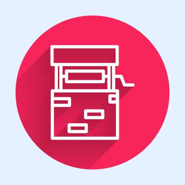 Beyaz çizgi Kuyu simgesi uzun gölgeli. Kırmızı daire düğmesi. Vektör İllüstrasyonu