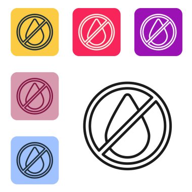 Siyah çizgi Su bırakma yasağı simgesi beyaz arka planda izole edildi. Su işareti yok. Renkli kare düğmelerle simgeleri ayarla. Vektör İllüstrasyonu