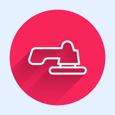 Beyaz çizgili musluk ikonu uzun gölgeli izole edilmiş. Kırmızı daire düğmesi. Vektör İllüstrasyonu