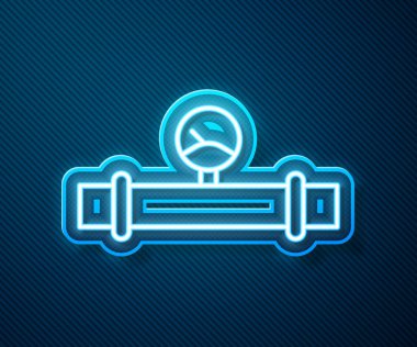 Parlayan neon hattı Endüstri metalik borusu ve manometre ikonu mavi arka planda izole edildi. Vektör İllüstrasyonu