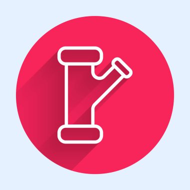 Beyaz çizgi sanayi metalik boru ikonu uzun gölgeli izole edilmiş. Tesisat boru hattının farklı şekillerde parçaları. Kırmızı daire düğmesi. Vektör İllüstrasyonu