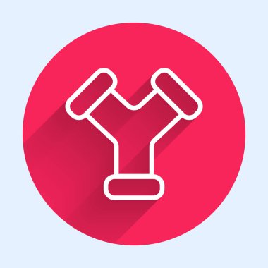 Beyaz çizgi sanayi metalik boru ikonu uzun gölgeli izole edilmiş. Tesisat boru hattının farklı şekillerde parçaları. Kırmızı daire düğmesi. Vektör İllüstrasyonu