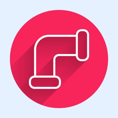 Beyaz çizgi sanayi metalik boru ikonu uzun gölgeli izole edilmiş. Tesisat boru hattının farklı şekillerde parçaları. Kırmızı daire düğmesi. Vektör İllüstrasyonu