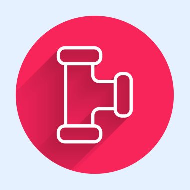 Beyaz çizgi sanayi metalik boru ikonu uzun gölgeli izole edilmiş. Tesisat boru hattının farklı şekillerde parçaları. Kırmızı daire düğmesi. Vektör İllüstrasyonu