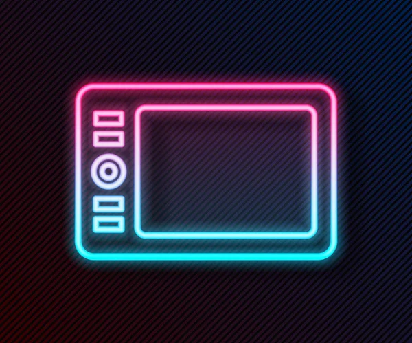 Siyah arkaplanda parlayan neon hattı grafiksel tablet simgesi izole edildi. Vektör İllüstrasyonu