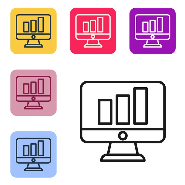 Black line Computer monitor with graph chart icon isolated on white background. Report text file. Accounting sign. Audit, analysis, planning. Set icons in color square buttons. Vector Illustration