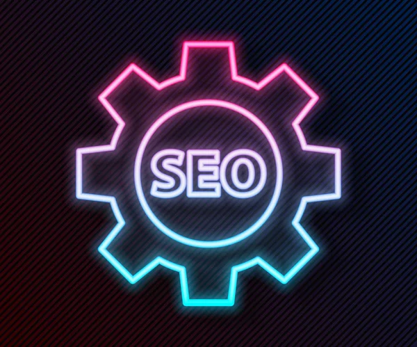 Etiqueta Seo Línea Neón Brillante Con Icono Rueda Engranaje Aislado — Vector de stock