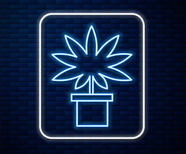 发光的霓虹灯线医用大麻或大麻植物在锅中图标隔离在砖墙背景 大麻种植的概念 大麻盆栽植物 病媒图解 — 图库矢量图片