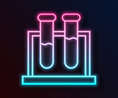 Parlayan neon hattı test tüpü ve kimyasal test ikonu siyah arkaplanda izole edildi. Laboratuvar cam levhası. Vektör İllüstrasyonu