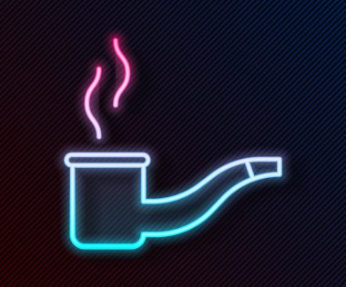 Parlayan neon hattı siyah arka planda izole edilmiş duman simgesi olan sigara piposu. Tütün piposu. Vektör İllüstrasyonu