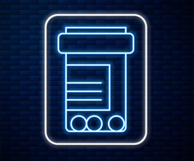 Parlayan neon hattı ilaç şişesi ve tuğla duvar arkasında izole edilmiş hap ikonu. Şişe hapı işareti. Eczane tasarımı. Vektör İllüstrasyonu