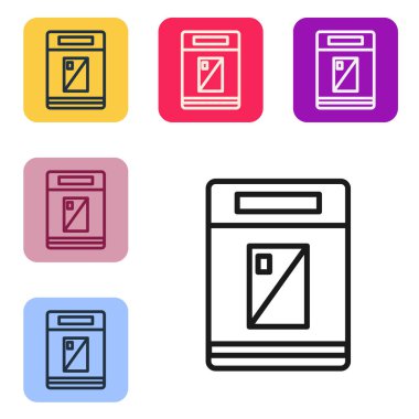 Siyah çizgi sigara kutusu simgesi beyaz arkaplanda izole edildi. Sigara paketleri. Renkli kare düğmelerle simgeleri ayarla. Vektör İllüstrasyonu