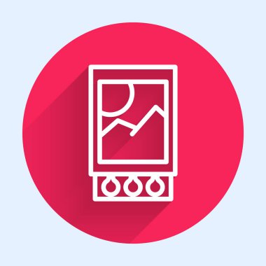 Beyaz çizgi kibrit kutusunu aç ve uzun gölgeli bir kibrit kutusu eşleştir. Kırmızı daire düğmesi. Vektör İllüstrasyonu