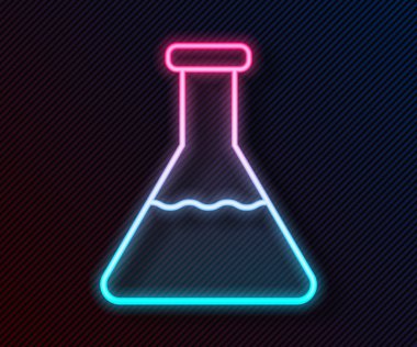 Parlayan neon hattı test tüpü ve kimyasal test ikonu siyah arkaplanda izole edildi. Laboratuvar cam levhası. Vektör İllüstrasyonu