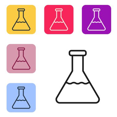 Siyah çizgi test tüpü ve beyaz arka planda izole edilmiş kimyasal test ikonu. Laboratuvar cam levhası. Renkli kare düğmelerle simgeleri ayarla. Vektör İllüstrasyonu