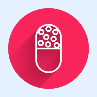 Uzun gölgeli beyaz çizgi ilaç veya tablet ikonu. Kapsül hapı ve uyuşturucu işareti. Eczane tasarımı. Kırmızı daire düğmesi. Vektör İllüstrasyonu