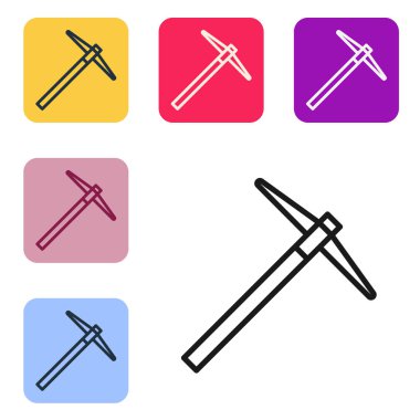 Siyah çizgili Kazma simgesi beyaz arkaplanda izole edildi. Renkli kare düğmelerle simgeleri ayarla. Vektör İllüstrasyonu