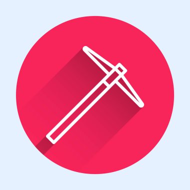 Beyaz çizgili Kazma simgesi uzun gölgeli izole edilmiş. Kırmızı daire düğmesi. Vektör İllüstrasyonu