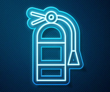 Parlayan neon hattı yangın söndürme ikonu mavi arka planda izole edildi. Vektör İllüstrasyonu