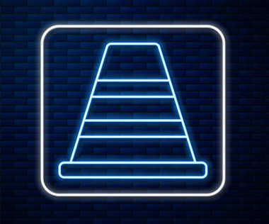 Parlayan neon hattı trafik konisi simgesi tuğla duvar arka planında izole edildi. Vektör İllüstrasyonu