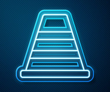 Parlayan neon hattı trafik konisi simgesi mavi arkaplanda izole edildi. Vektör İllüstrasyonu