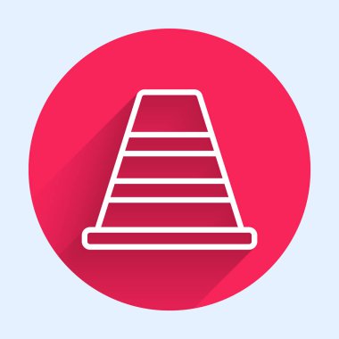 Beyaz çizgi trafik konisi simgesi uzun gölgeli izole edildi. Kırmızı daire düğmesi. Vektör İllüstrasyonu