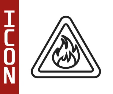 Beyaz arkaplanda izole edilmiş üçgen ikonunda siyah çizgi ateş alevi. Yanıcı madde için uyarı işareti. Vektör İllüstrasyonu