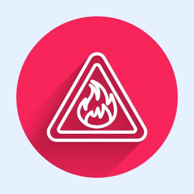 Üçgen ikonunda uzun gölgeli beyaz çizgi ateş alevi. Yanıcı madde için uyarı işareti. Kırmızı daire düğmesi. Vektör İllüstrasyonu