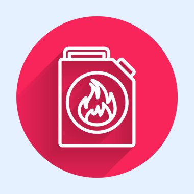 Yanıcı sıvılar için beyaz çizgi teneke kutu uzun gölgeli izole edilmiş. Yağ ya da biyoyakıt, patlayıcı kimyasallar, tehlikeli maddeler. Kırmızı daire düğmesi. Vektör İllüstrasyonu