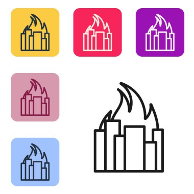 Şehir sokaklarındaki yanan binalarda siyah çizgi yangını beyaz arka planda izole edilmiş. Yıkılmış şehir yanıyor. Renkli kare düğmelerle simgeleri ayarla. Vektör İllüstrasyonu