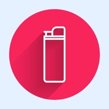 Beyaz çizgi aydınlatma simgesi uzun gölgeyle izole edildi. Kırmızı daire düğmesi. Vektör İllüstrasyonu