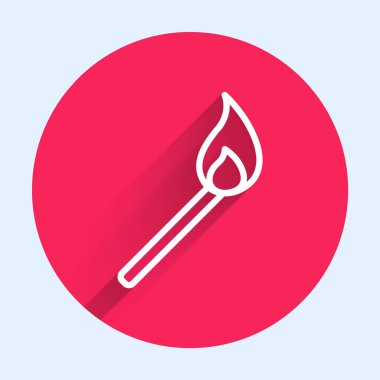 Ateş ikonu ile uzun gölgeli beyaz çizgi yakma kibriti. Ateşle maç. Kibrit işareti. Kırmızı daire düğmesi. Vektör İllüstrasyonu