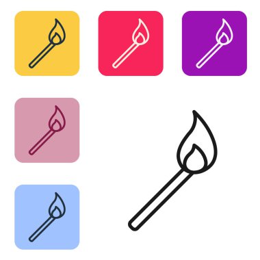 Beyaz arkaplanda izole edilmiş ateş ikonu ile siyah çizgi yakma kibriti. Ateşle maç. Kibrit işareti. Renkli kare düğmelerle simgeleri ayarla. Vektör İllüstrasyonu