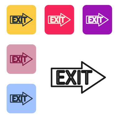 Beyaz arkaplanda siyah çizgi yangın çıkış simgesi izole edildi. Acil durum ikonunu ateşle. Renkli kare düğmelerle simgeleri ayarla. Vektör İllüstrasyonu