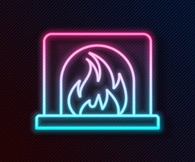 Parlayan neon hattı siyah arka planda izole edilmiş şömine ikonu. Vektör İllüstrasyonu