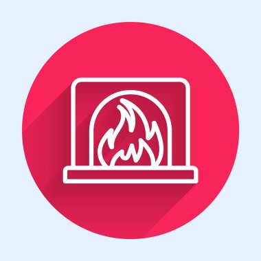 Beyaz çizgili şömine ikonu uzun gölgeli. Kırmızı daire düğmesi. Vektör İllüstrasyonu