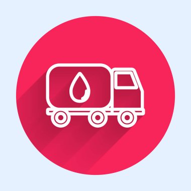 Beyaz çizgili su dağıtım kamyonu ikonu uzun gölgeli izole edildi. Kırmızı daire düğmesi. Vektör İllüstrasyonu