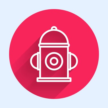 Beyaz çizgi yangın musluğu simgesi uzun gölgeli izole edilmiş. Kırmızı daire düğmesi. Vektör İllüstrasyonu