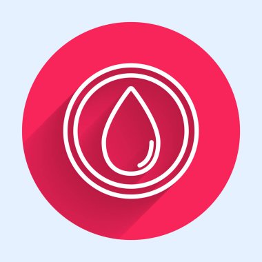 Beyaz çizgi Su damlası ikonu uzun gölgeli izole edilmiş. Kırmızı daire düğmesi. Vektör İllüstrasyonu