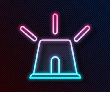 Parlayan neon hattı, siyah arkaplanda izole edilmiş bir siren ikonu. Acil durum sireni. Vektör İllüstrasyonu