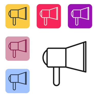 Siyah çizgi Megafon simgesi beyaz arkaplanda izole edildi. Sözcü işareti. Renkli kare düğmelerle simgeleri ayarla. Vektör İllüstrasyonu