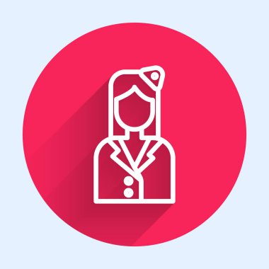 Beyaz çizgi hostes ikonu uzun gölgeli izole edilmiş. Kırmızı daire düğmesi. Vektör İllüstrasyonu