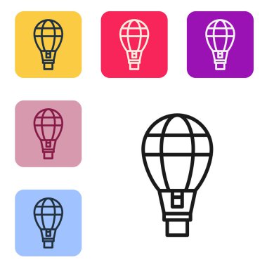 Siyah çizgi Sıcak hava balonu simgesi beyaz arkaplanda izole edildi. Seyahat için hava taşımacılığı. Renkli kare düğmelerle simgeleri ayarla. Vektör İllüstrasyonu