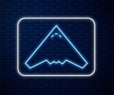 Parlayan neon hattı Jet savaş ikonu tuğla duvar arka planında izole edildi. Askeri uçak. Vektör İllüstrasyonu