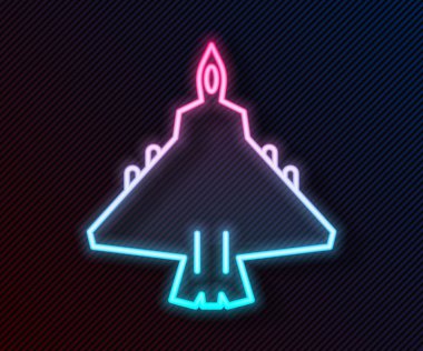 Parlayan neon hattı Jet savaş ikonu siyah arka planda izole edildi. Askeri uçak. Vektör İllüstrasyonu