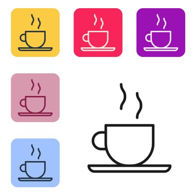 Siyah çizgi kahve fincanı simgesi beyaz arkaplanda izole edilmiş. Çay fincanı. Sıcak içecek kahvesi. Renkli kare düğmelerle simgeleri ayarla. Vektör İllüstrasyonu