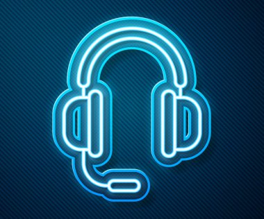 Mavi arka planda izole edilmiş mikrofon ikonlu parlak neon hattı kulaklıklar. Vektör İllüstrasyonu