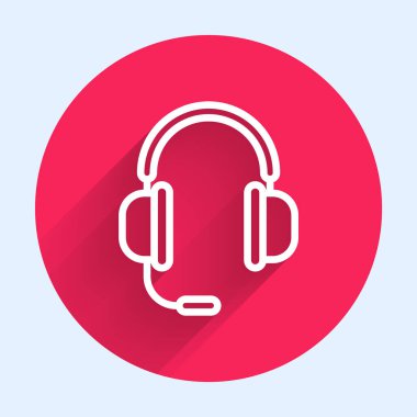 Uzun gölgeli beyaz çizgi kulaklıklı mikrofon ikonu. Kırmızı daire düğmesi. Vektör İllüstrasyonu